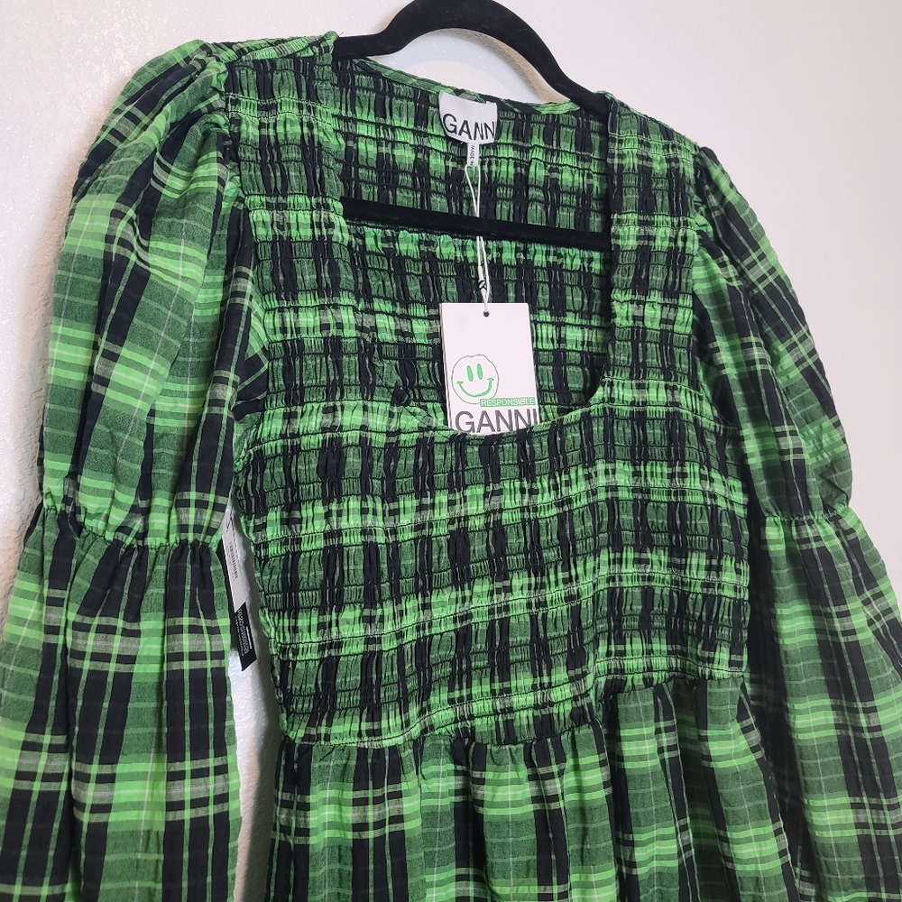 GANNI Seersucker Checked Smocked Maxi Dress in Green NWT Size 40 - Picture 9 of 14